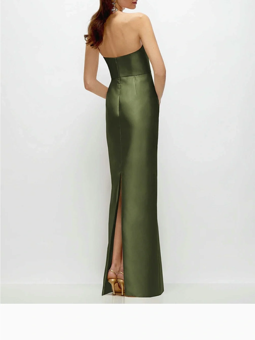 ALFRED SUNG Jacqueline Strapless Olive Green Satin Column Gown NWT - Picture 2 of 3